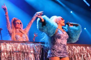 Paris Hilton DJ's for Christina Aguilera performance at the LA Gay Pride. 12 Jun 2022 Pictured: Paris Hilton, Christina Aguilera. Photo credit: APEX / MEGA TheMegaAgency.com +1 888 505 6342 (Mega Agency TagID: MEGA867657_034.jpg) [Photo via Mega Agency]