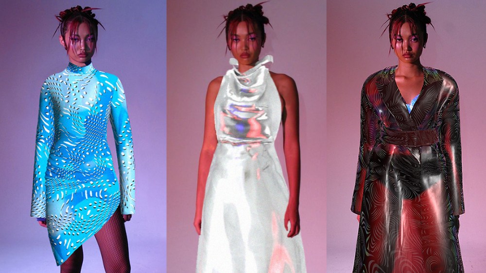 Maisie Wilen's Stardust dress (center) is virtual only, while the Orbit City dress (left) and Utonium coat (right) live in both virtual and physical worlds.
