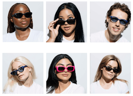Six cropped model faces with sunglasses from Montserrat's new line.