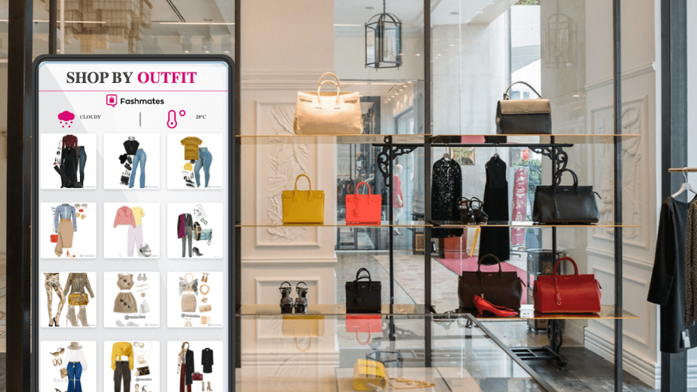 a store featuring handbags on display shelves with an iphone imposed over the top featuring the Fashmates app saying: shop by outfit