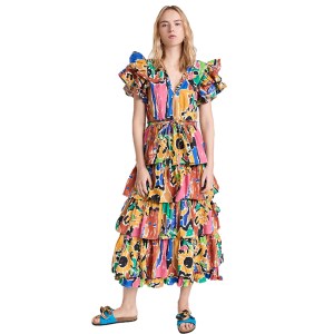 Love The Label Women's V Neck Ruffle Maxi Dress with Belt