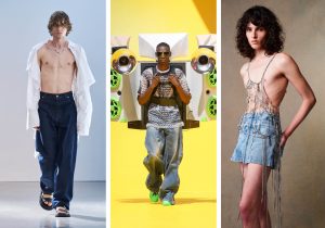 Double denim, jean shorts and loose fits top S/S '23 trends at men's fashion week.
