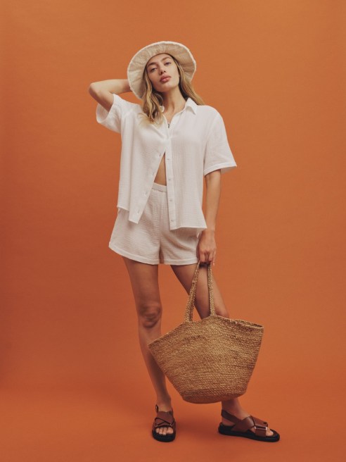 Reformation debuted a fashion collection made with leftover deadstock fabrics Wednesday, beginning with a drop made from repurposed gauze.