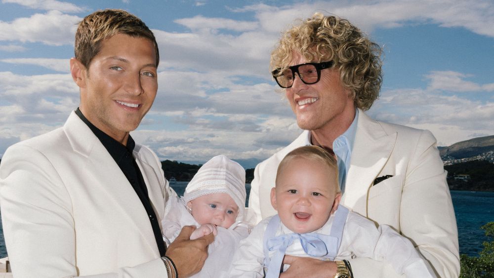 Evangelo Bousis and Peter Dundas with their children, Eleni and Alexios, who were both baptized in Athens on July 9.