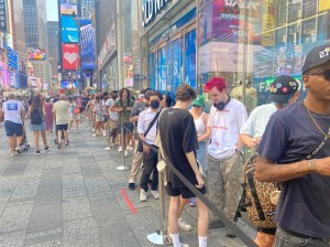 More than 130 people stood in line at the Manhattan flagship by 10 a.m. to check out the initial release of the Yeezy Gap Engineered by Balenciaga collection in person for the first time.
