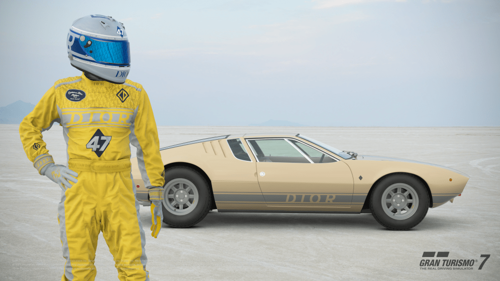 The Dior pilot's outfit and customized vintage car designed by Kim Jones for video game Gran Turismo 7.