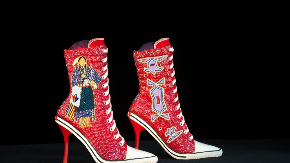 Teri Greeves, Abstraction: Kiowa by Design, 2014. beads on canvas high-heeled sneakers 11 1/2 x 10 x 4 in. each.