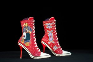 Teri Greeves, Abstraction: Kiowa by Design, 2014. beads on canvas high-heeled sneakers 11 1/2 x 10 x 4 in. each.