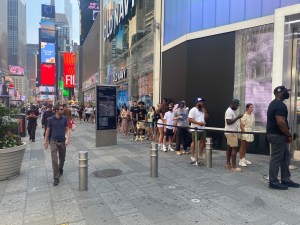 More than 130 people stood in line at the Manhattan flagship by 10 a.m. to check out the initial release of the Yeezy Gap Engineered by Balenciaga collection in person for the first time.