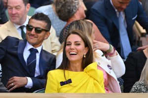 Britain's Catherine, Duchess of Cambridge, attends the women's singles final tennis match between Kazakhstan's Elena Rybakina and Tunisia's Ons Jabeur on the thirteenth day of the 2022 Wimbledon Championships at The All England Tennis Club in Wimbledon, southwest London, on July 9, 2022. - RESTRICTED TO EDITORIAL USE (Photo by SEBASTIEN BOZON / AFP) / RESTRICTED TO EDITORIAL USE (Photo by SEBASTIEN BOZON/AFP via Getty Images)