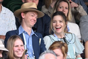 LONDON, ENGLAND - JULY 02: Thomas Brodie-Sangster and Talulah Riley in the Lanson champagne suite during Day Six of the Wimbledon Tennis Championships at All England Lawn Tennis and Croquet Club on July 02, 2022 in London, England. (Photo by Karwai Tang/WireImage)