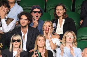 LONDON, ENGLAND - JULY 03: Tom Sturridge, Alexa Chung, Oli Green and Sienna Miller attend the All England Lawn Tennis and Croquet Club on July 03, 2022 in London, England. (Photo by Karwai Tang/WireImage)