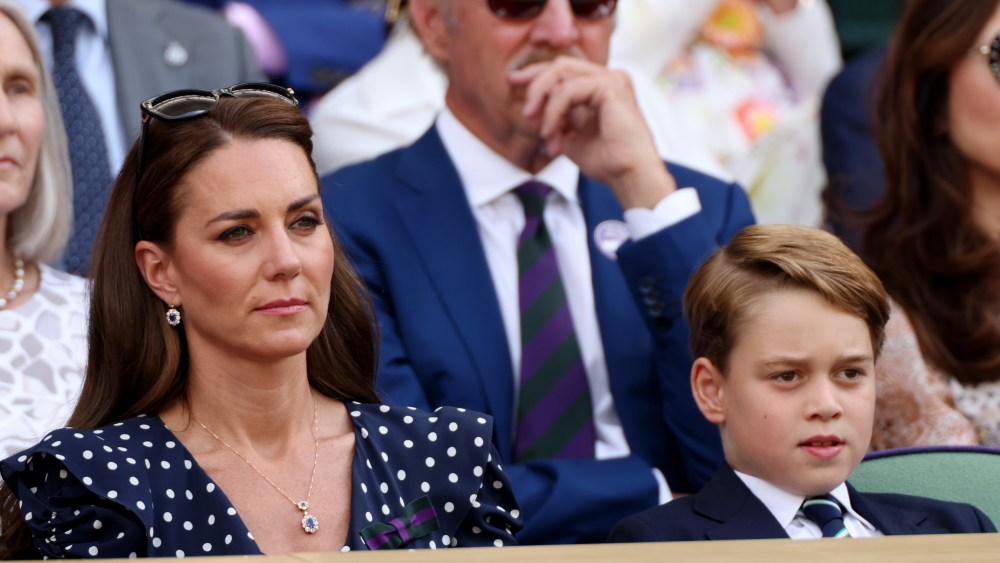 LONDON, ENGLAND - JULY 10: Catherine, Duchess of Cambridge and Prince George of Cambridge are seen in the Royal Box watching Novak Djokovic of Serbia play Nick Kyrgios of Australia during their Men's Singles Final match on day fourteen of The Championships Wimbledon 2022 at All England Lawn Tennis and Croquet Club on July 10, 2022 in London, England. (Photo by Clive Brunskill/Getty Images)