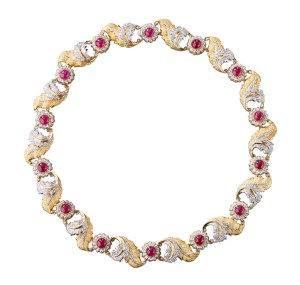 Buccellati’s Lamponi E Sottobosco Necklace with cabochon rubies and brilliant-cut diamonds.