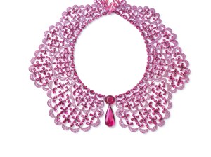 Chopard’s Red Carpet Collection necklace in white gold and titanium with rubellites and pink sapphires.
