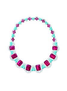 Harry Winston’s Amalfi necklace in platinum rubellite, turquoise, Paraiba and diamonds.