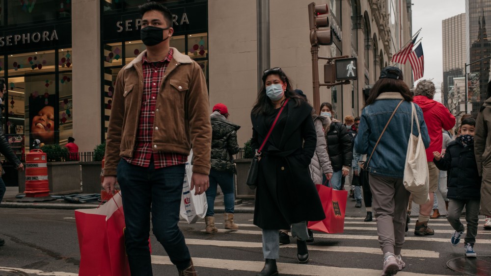 Holiday shoppers make a last-minute trip to department stores in Midtown, Manhattan on December 24, 2020.