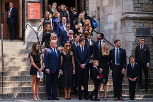 Former President Donald Trump and his wife Melania Trump along with their son Barron Trump and Ivanka Trump and their children.