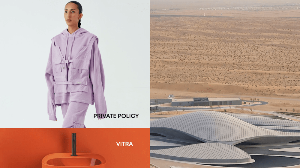 Images of a woman in a purple hiking suit, an orange piece of modern furniture from Vitra and a barren landscape with buildings shaped like spaceships,