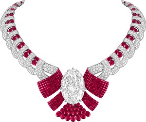 Atours Mystérieux transformable necklace. White gold, rose gold, one oval-cut DFL Type 2A  diamond of 79.35 carats, Individual Mystery Set rubies, Traditional Mystery Set rubies, rubies, diamonds.