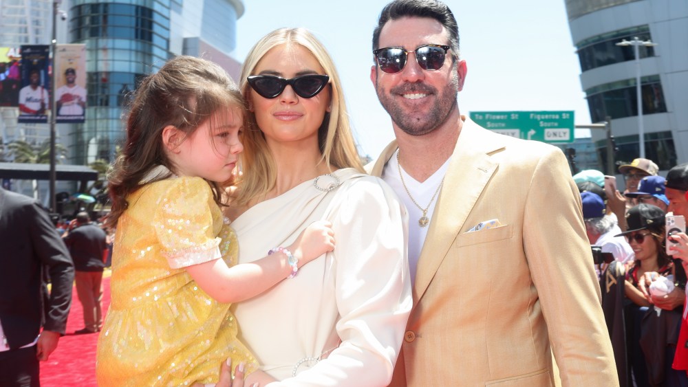LOS ANGELES, CA - JULY 19:   Justin Verlander #35 of the Houston Astros, Kate Upton and their daughter pose for a photo during the All-Star Red Carpet Show at L.A. Live on Tuesday, July 19, 2022 in Los Angeles, California. (Photo by Rob Tringali/MLB Photos via Getty Images)
