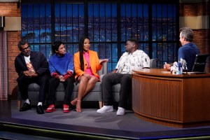 LATE NIGHT WITH SETH MEYERS -- Episode 1320 -- Pictured: (l-r) The cast of the movie Nope; Director, Jordan Peele, actors Brandon Perea, Keke Palmer and Daniel Kaluuya during an interview with host Seth Meyers on July 21, 2022 -- (Photo by: Lloyd Bishop/NBC via Getty Images)