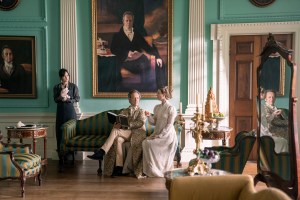 Persuasion. (L to R) Dakota Johnson as Anne Elliot, Richard E. Grant as Sir Walter Elliot, Yolanda Kettle as Elizabeth Elliot in Persuasion. Cr. Nick Wall/Netflix © 2022