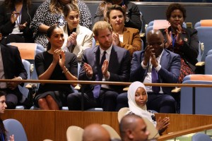NEW YORK, NEW YORK - JULY 18: Prince Harry, Duke of Sussex sits with his wife Meghan, Duchess of Sussex, before he addresses the United Nations (UN) General Assembly during the UN's annual celebration of Nelson Mandela International Day on July 18, 2022 in New York City. Prince Harry is the keynote speaker during the United Nations General assembly to mark the observance of Nelson Mandela International Day where the 2020 U.N. Nelson Mandela Prize will be awarded to Mrs. Marianna Vardinogiannis of Greece and Dr. Morissanda Kouyaté of Guinea. (Photo by Spencer Platt/Getty Images)