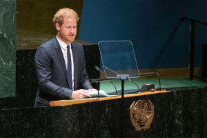 NEW YORK, NY - JULY 18: Prince Harry, Duke of Sussex, speaks at the United Nations General Assembly on Nelson Mandela International Day at U.N. headquarters on July 18, 2022 in New York City. Nelson Mandela International Day was officially declared by the United Nations in November of 2009 and was first celebrated on July 18, 2010. The 2020 U.N. Nelson Mandela Prize is being awarded to Mrs. Marianna Vardinogiannis of Greece and Dr. Morissanda Kouyaté of Guinea. (Photo by David Dee Delgado/Getty Images)