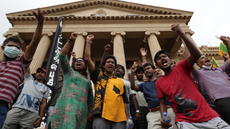 Sri Lankan anti-government protesters shout slogans in protest against the newly elected president Ranil Wickremesinghe at the president's office, Colombo, Sri Lanka. 20 July 2022.