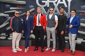 BERLIN, GERMANY - JULY 18: Joe Russo, Ana de Armas, Ryan Gosling, Chris Evans, Rege-Jean Page and Anthony Russo attend the The Gray Man Netflix special screening at Zoopalast on July 18, 2022 in Berlin, Germany. (Photo by Tristar Media/WireImage)