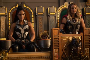 (L-R): Tessa Thompson as Valkyrie and Natalie Portman as Mighty Thor in Marvel Studios' THOR: LOVE AND THUNDER. Photo by Jasin Boland. ©Marvel Studios 2022. All Rights Reserved.