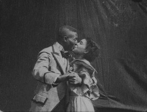 Film still from William Selig's Something Good – Negro Kiss (1898), with Saint Suttle and Gertie Brown.