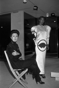 Designer Hanae Mori poses for a portrait with model Gloria Burgess.