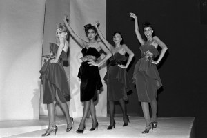 Models Susan Hess, Kirat Young AKA Kirat Bhinder and Pat Cleveland in the Hanae Mori Fall 1979 ready to wear show.
