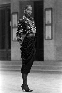 Model Gloria Burgess in the Hanae Mori Fall 1985 Couture Collection