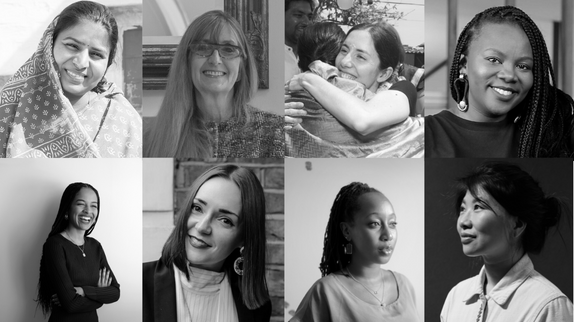 Greyscale headshots of women entrepreneurs impacting fashion: Madhu Vaishnav, Nancy Volpe Beringer, Rebecca van Bergen, Tamburai Chirume, Josephine Philips, Victoria Jenkins, Teju Adisa-Farrar, Sophia Wang.