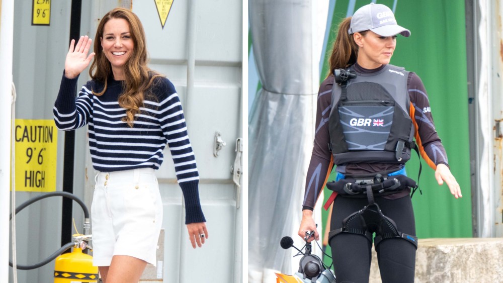 Combination pictures of the Duchess of Cambridge joining the 1851 Trust and the Great Britain SailGP team during a visit to the Great Britain Sail Grand Prix in Plymouth. Picture date: Sunday July 31, 2022. (Photo by Matt Keeble/PA Images via Getty Images)