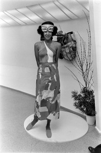 Norma Jean Darden poses in Giorgio di Sant Angelo 4U2 Summer 1972 ready to collection presented to patrons during and exhibition styled fashion presentation at the Guggenheim Museum in New York on February 7, 1972.