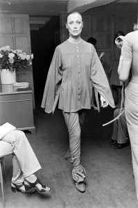 A model in a wool jersey cape and pants from Giorgio di Sant Angelo's 30-piece fall 1972 ready to wear collection.
