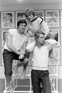 Models pose in looks from designer Giorgio Sant'Angelo Spring 1977 menswear collection advance at his New York showroom and design studio on November 1, 1976.