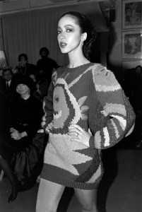 Model Pat Cleveland poses in an ArtKnit sweater skimp from designer Girogio Sant' Angelo's debut knitwear collection for Daniel Caron Limited.