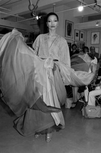 Model Mounia Orsemane poses in a multi-layered chiffon skirt during designer Giorgio di Sant Angelo's fall 1982 ready to wear collection presentation.