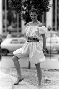 A model poses in a white belted romper from the Giorgio Sant'Angelo Spring 1982 sportswear collection advance.