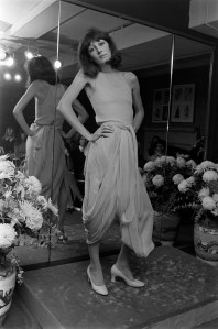 Model Anjelica Huston poses in an ensemble from Giorgio di Sant'Angelo's Spring 1973 ready to wear collection advance.