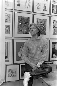 Designer Giorgio di Sant' Angelo poses near fashion sketches from his collections in his New York City design studios on November 15, 1985. Di Sant' Angelo received a Tommy Award for his use of prints and conceptual designs in 1985.