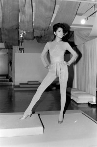 Model Kirat Young Bhinder poses in a lycra catsuit from designer Giorgio di Sant' Angelo's spring 1985 ready to wear collection at the designers New York City studio.