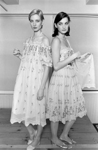 Models Connie Cook and Margaret Donohoe poses in embroidered sundress from designer Giorgio Sant' Angelo's summer 1980 ready to wear advance at the designers New York City showroom.