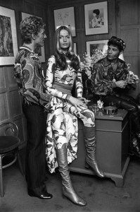 Giorgio di Sant'Angelo, Veruschka and Ara Gallant attend a party to celebrate Veruschka's return to New York from Germany in Sant'Angelo's 58th Street office in Manhattan on March 4, 1972.