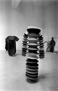 Select pieces from Issey Miyake's Pleats Please collection suspended from wire at Ace Galleries, New York, 1999.